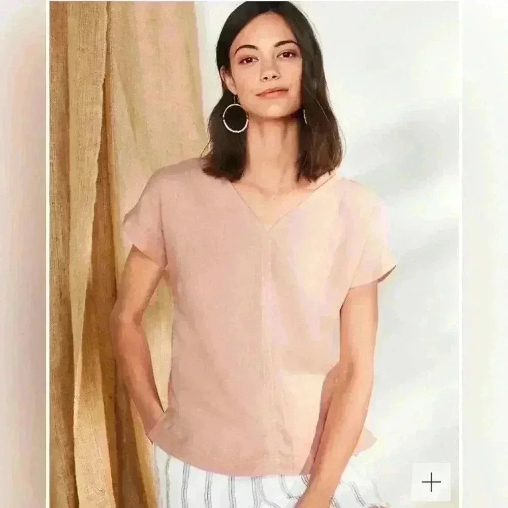 Garnet Hill V-Neck Linen Boxy‎ Tee w/Pocket Size S